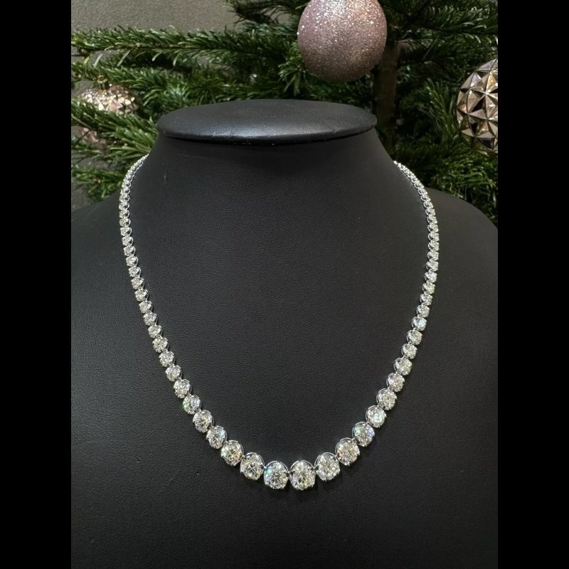 14.67 Ct Natural Diamond Graduated Tennis Necklace, 18k White Gold