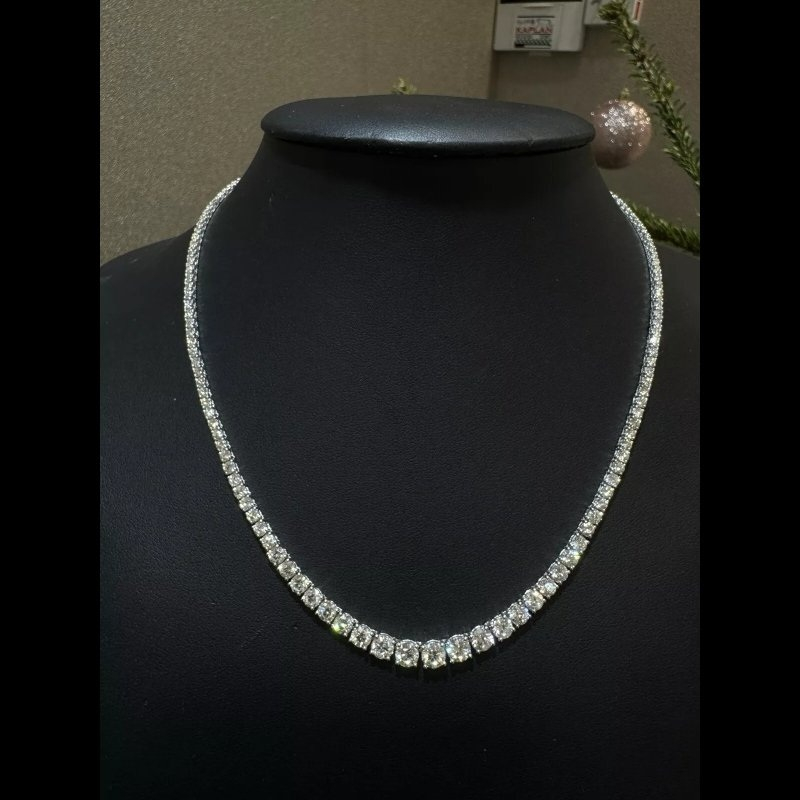 13.26 Ct Natural Diamond Graduated Tennis Necklace, 18k White Gold.