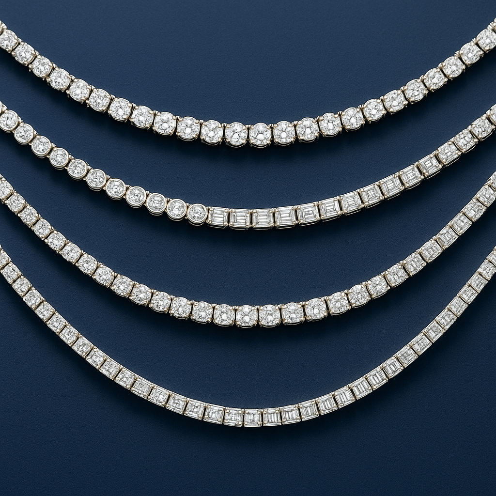 Round Oval Pear Emerald Diamond Tennis Necklaces