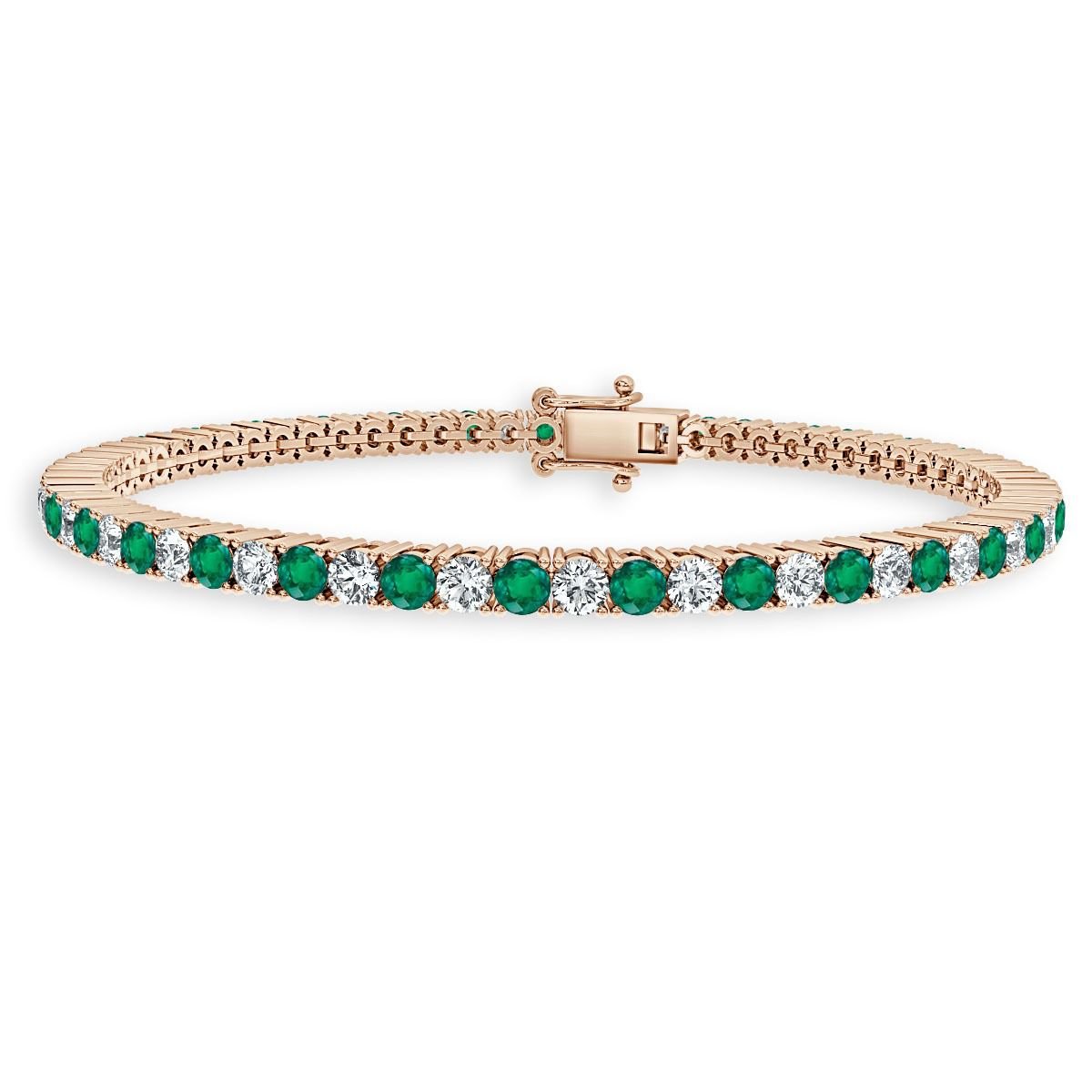 3.00 Ct Green Emerald And Diamond Tennis Bracelet, 18K Rose Gold