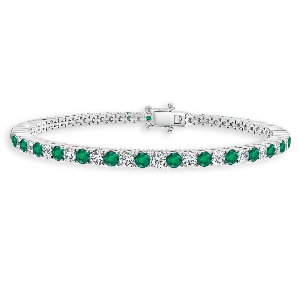 3.00 Ct Green Emerald And Diamond Tennis Bracelet, 18K White Gold