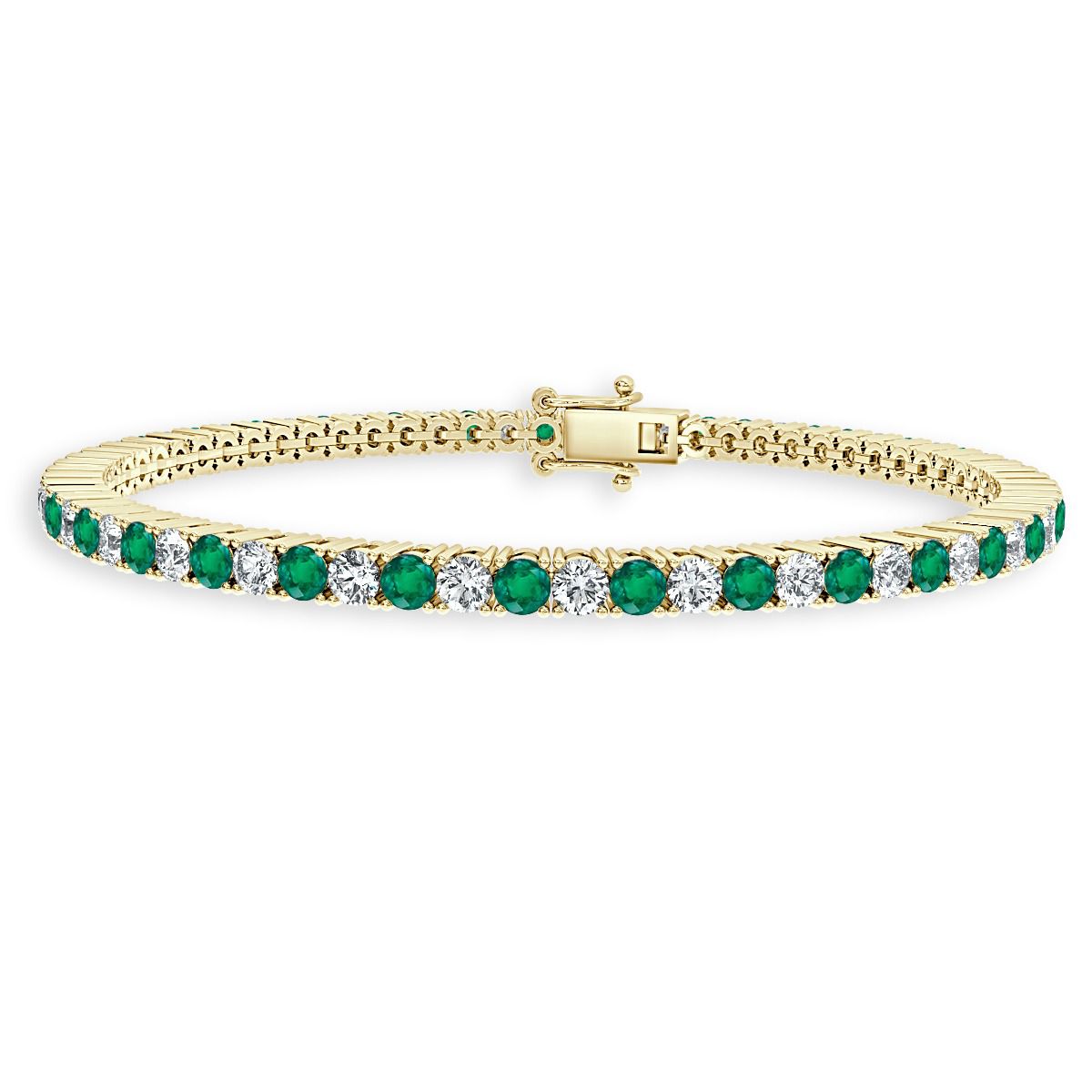 3.00 Ct Green Emerald And Diamond Tennis Bracelet, 18K Yellow Gold
