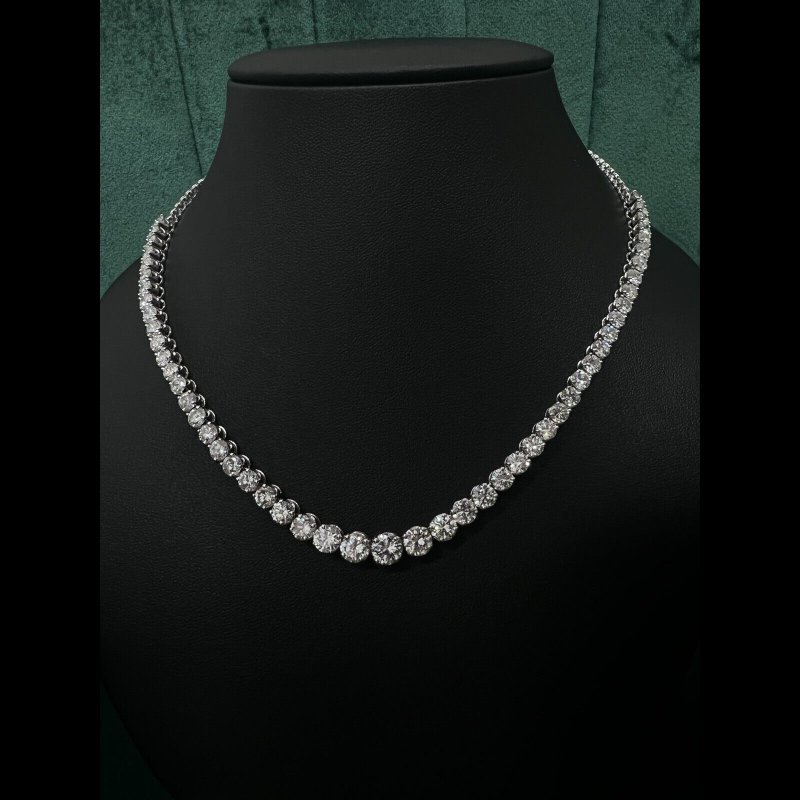 24.20 Ct Round Diamond Graduated Tennis Necklace, 18K White Gold