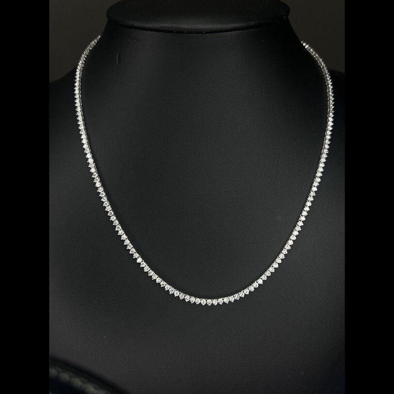 7.48 ct Natural Round Diamond Three Claw Tennis Necklace, 18K White Gold