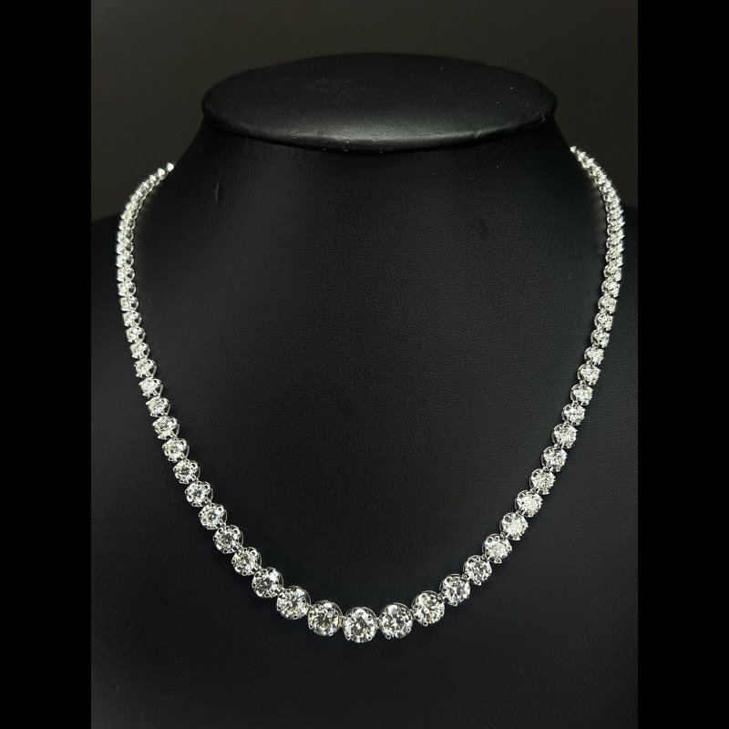 18.20 Ct Top Quality Round Diamond Graduated Tennis Necklace, 18K White Gold