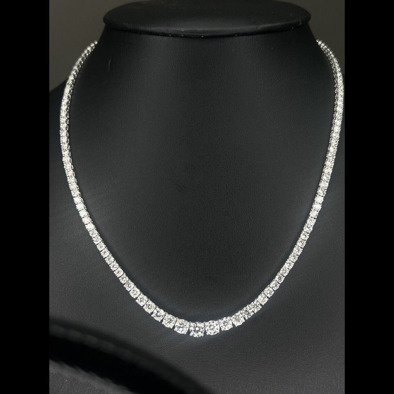 14.52 ct Natural Round Diamond Graduated Tennis Necklace, 18K White Gold