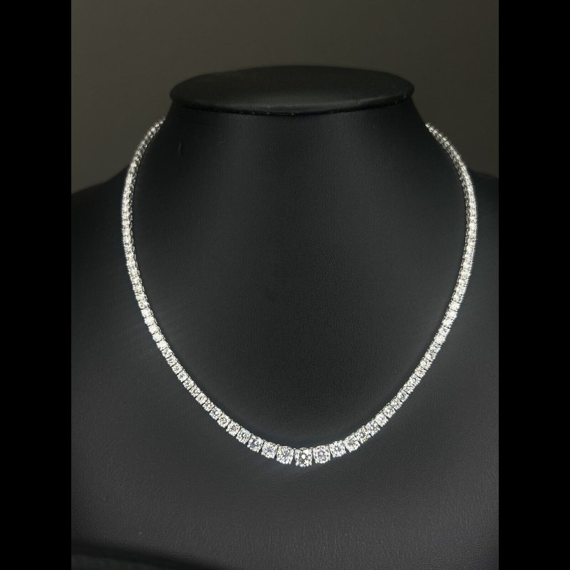 14.52 ct Natural Round Diamond Graduated Tennis Necklace, 18K White Gold