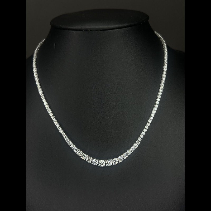 10.66 ct Natural Round Diamond Graduated Tennis Necklace, 18K White Gold