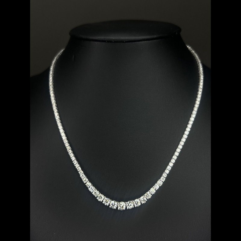 10.66 ct Natural Round Diamond Graduated Tennis Necklace, 18K White Gold