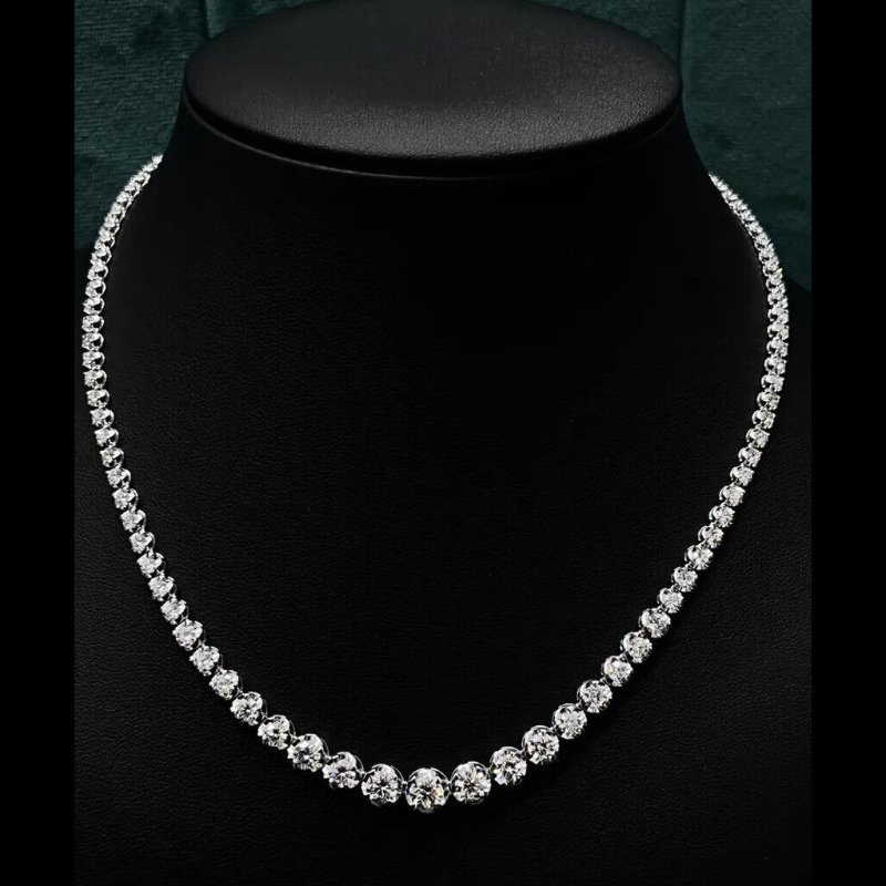 12.04 Ct Round Diamond Graduated Tennis Necklace, 18K White Gold