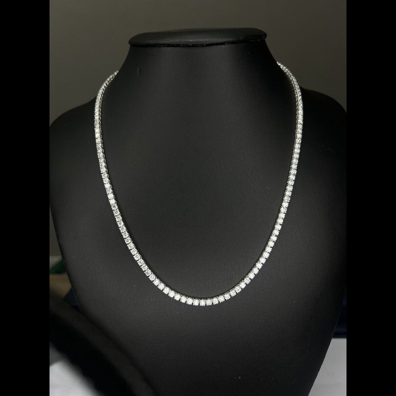 16.23 ct Natural Round Diamond Tennis Line Necklace, 18K White Gold