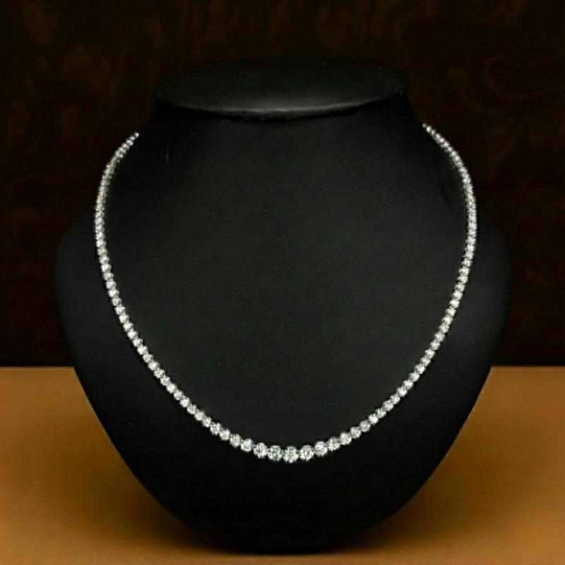 12.60 Ct Natural Diamond Graduated Tennis Necklace, 18k White Gold.