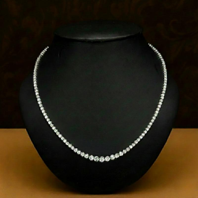 10.88 Ct Natural Diamond Graduated Tennis Necklace, 18k White Gold.
