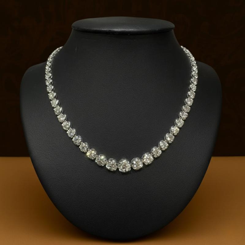 26.93 Ct Natural Diamond Graduated Tennis Necklace, 18k White Gold.