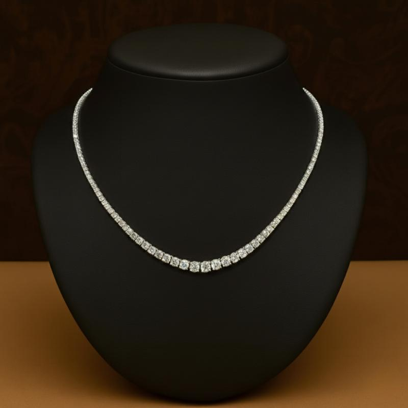 13.26 Ct Natural Diamond Graduated Tennis Necklace, 18k White Gold.