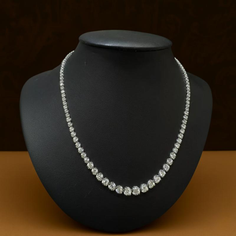 7.88 Ct Natural Diamond Graduated Tennis Necklace, 18k White Gold