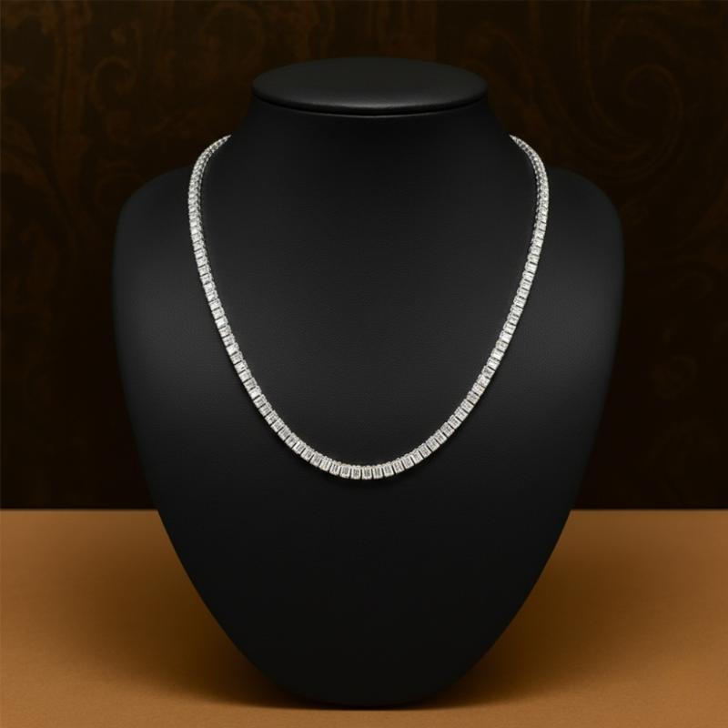 10.88 F/SI Baguette and Round Diamond Tennis Necklace, White Gold