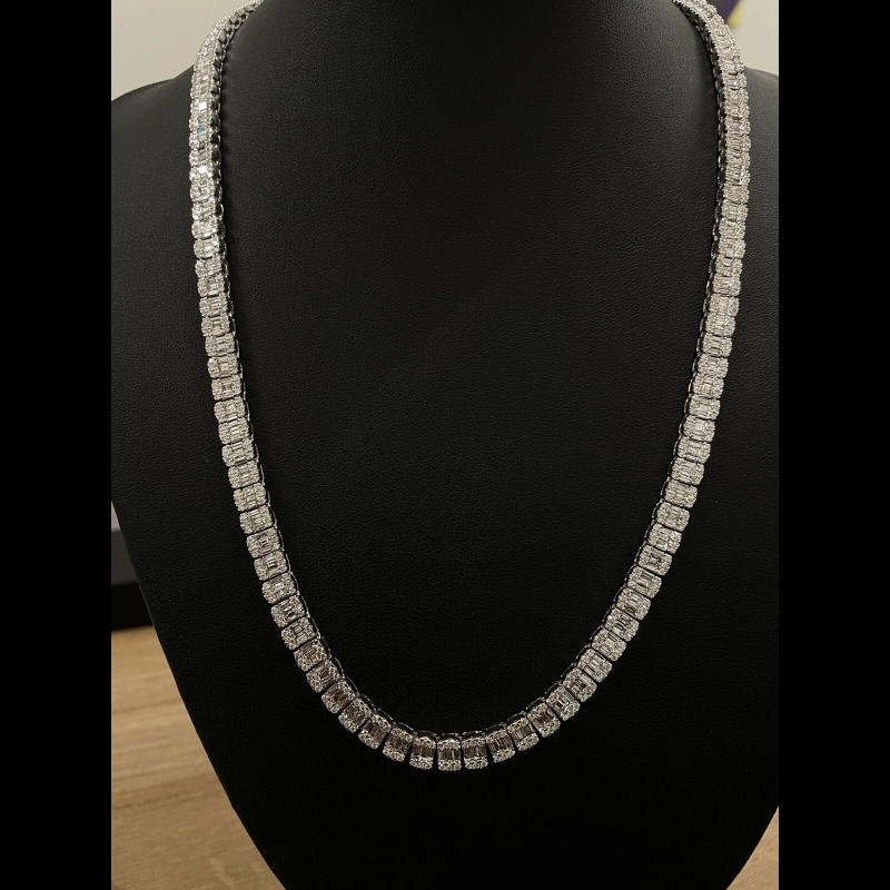 15.42 F/SI 100% Natural Baguette & Round Diamond Tennis Necklace, White Gold