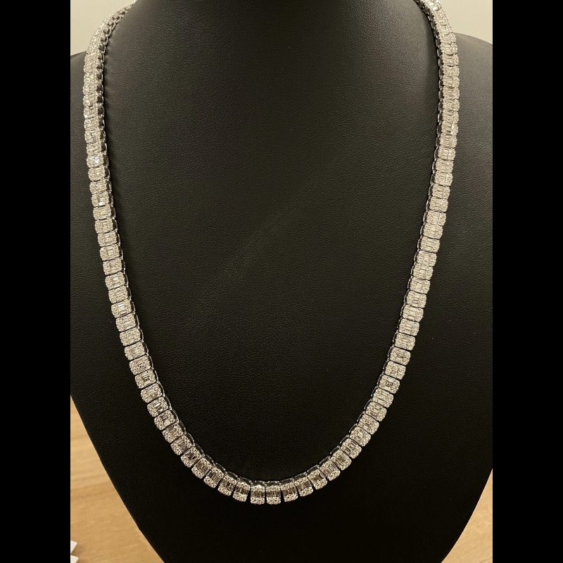 15.42 F/SI 100% Natural Baguette & Round Diamond Tennis Necklace, White Gold