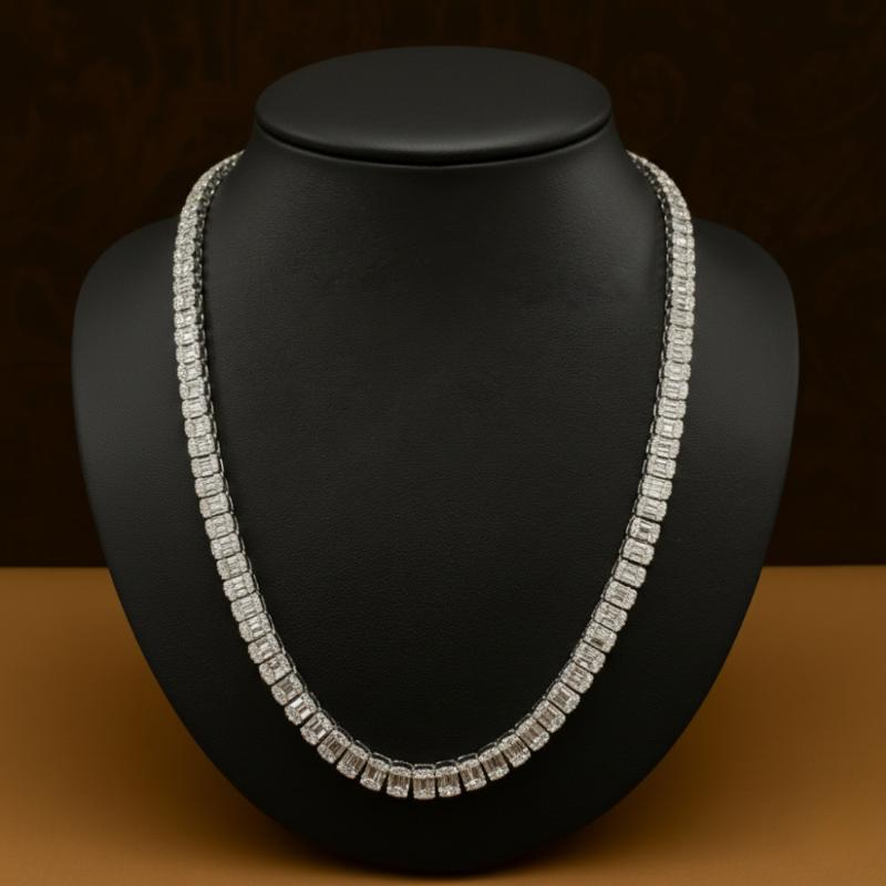 15.42 F/SI 100% Natural Baguette & Round Diamond Tennis Necklace, White Gold