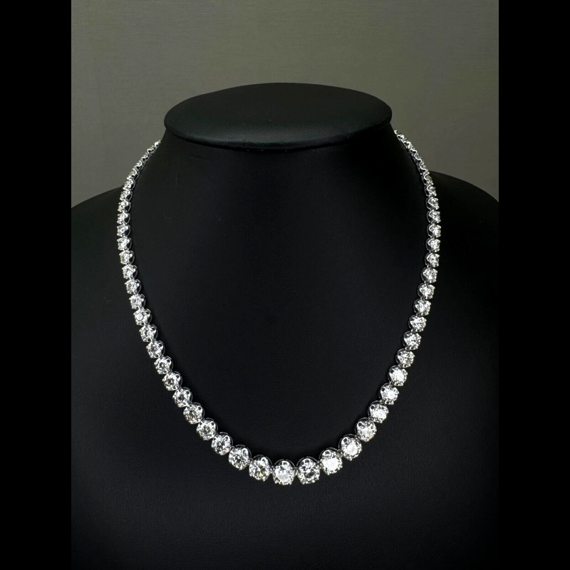 22.24ct 100% Natural Round Diamond Tennis Graduated Necklace, 18K White Gold