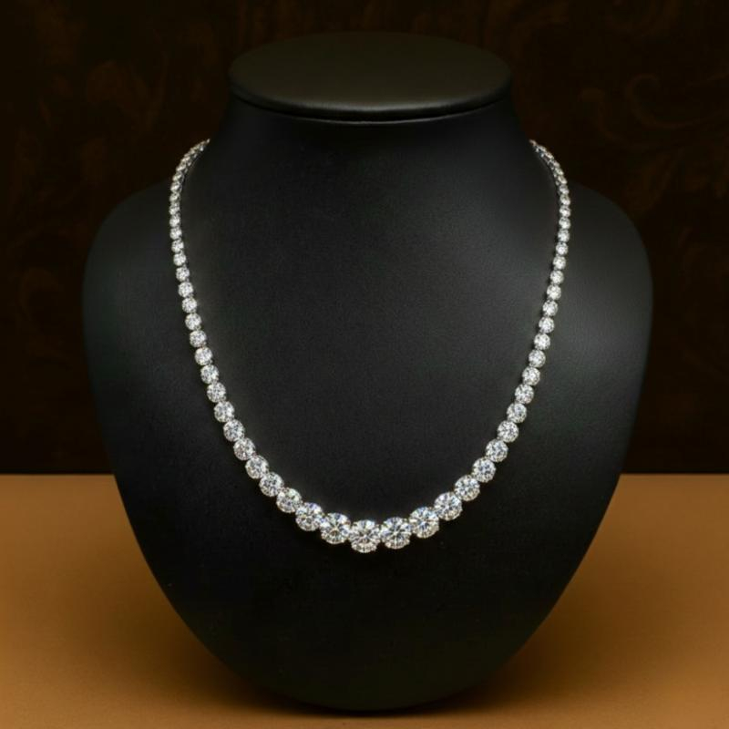 22.24ct 100% Natural Round Diamond Tennis Graduated Necklace, 18K White Gold