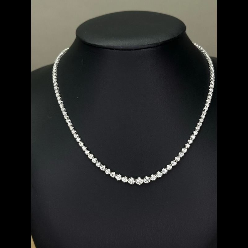 7.22ct 100% Natural Round Diamond Tennis Graduated Necklace, 18k White Gold