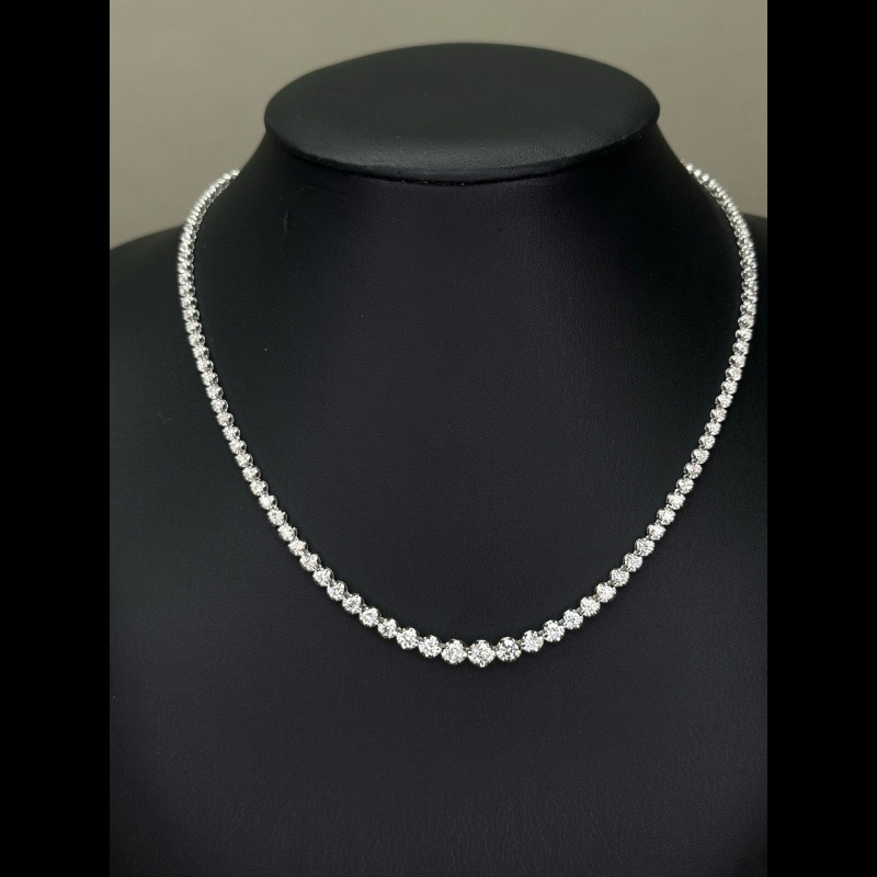 7.22ct 100% Natural Round Diamond Tennis Graduated Necklace, 18k White Gold