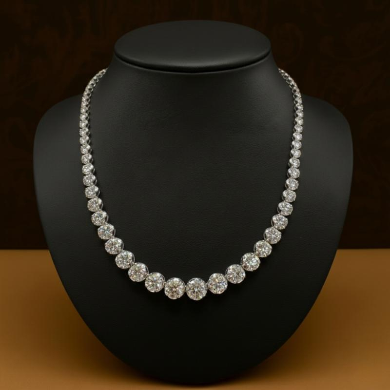 32.84ct F/SI 100% Natural Diamond Tennis Necklace, 18k White Gold, Crown Set