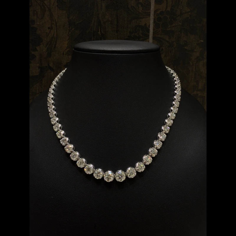 32.84ct F/SI 100% Natural Diamond Tennis Necklace, 18k White Gold, Crown Set