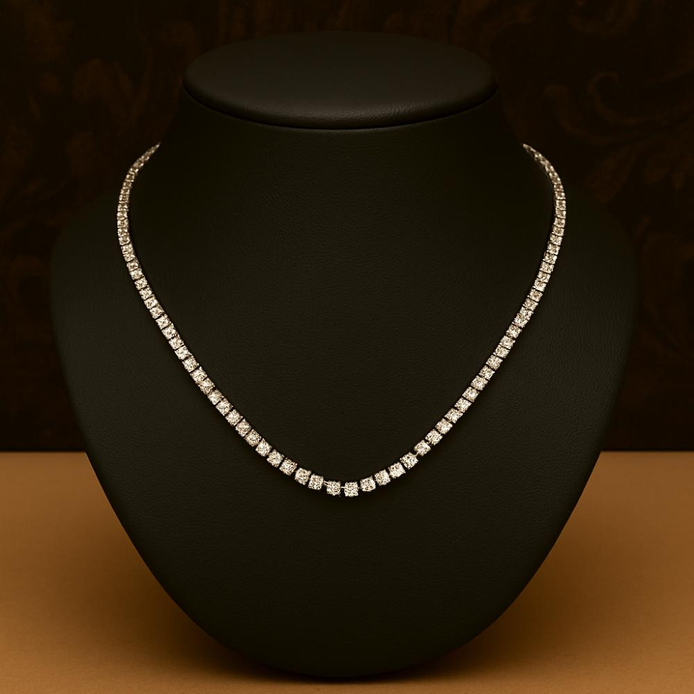 10.5ct 100% Natural Diamond Tennis Necklace, 18k White Gold, Round Brilliant Cut