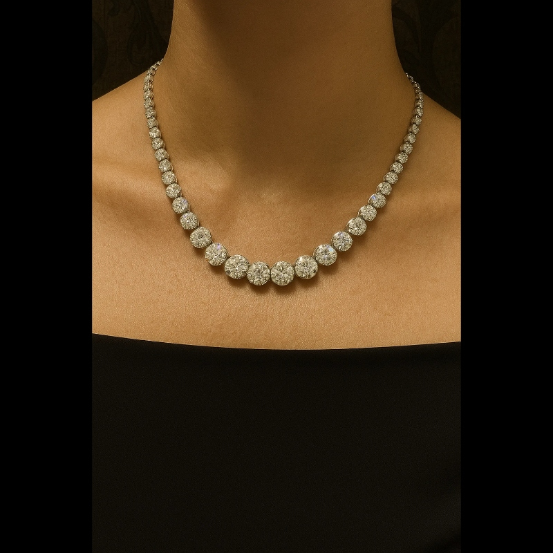 18.63ct 100% Natural Diamond Graduated Tennis Necklace, 18k White Gold,Crown Set