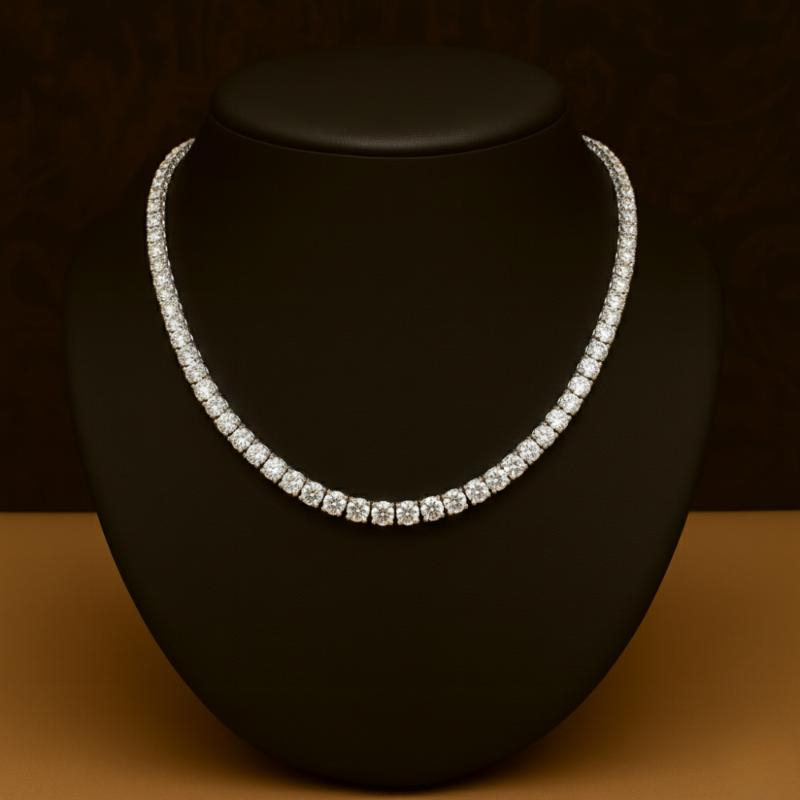 18.00ct 100% Natural Diamond Tennis Necklace, 18k White Gold,Round Brilliant Cut