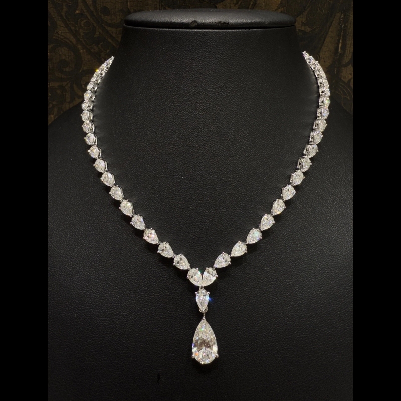 26.00ct Pear Shaped Lab Diamond Tennis Necklace in 9k White Gold, D/VVS - Prong Setting
