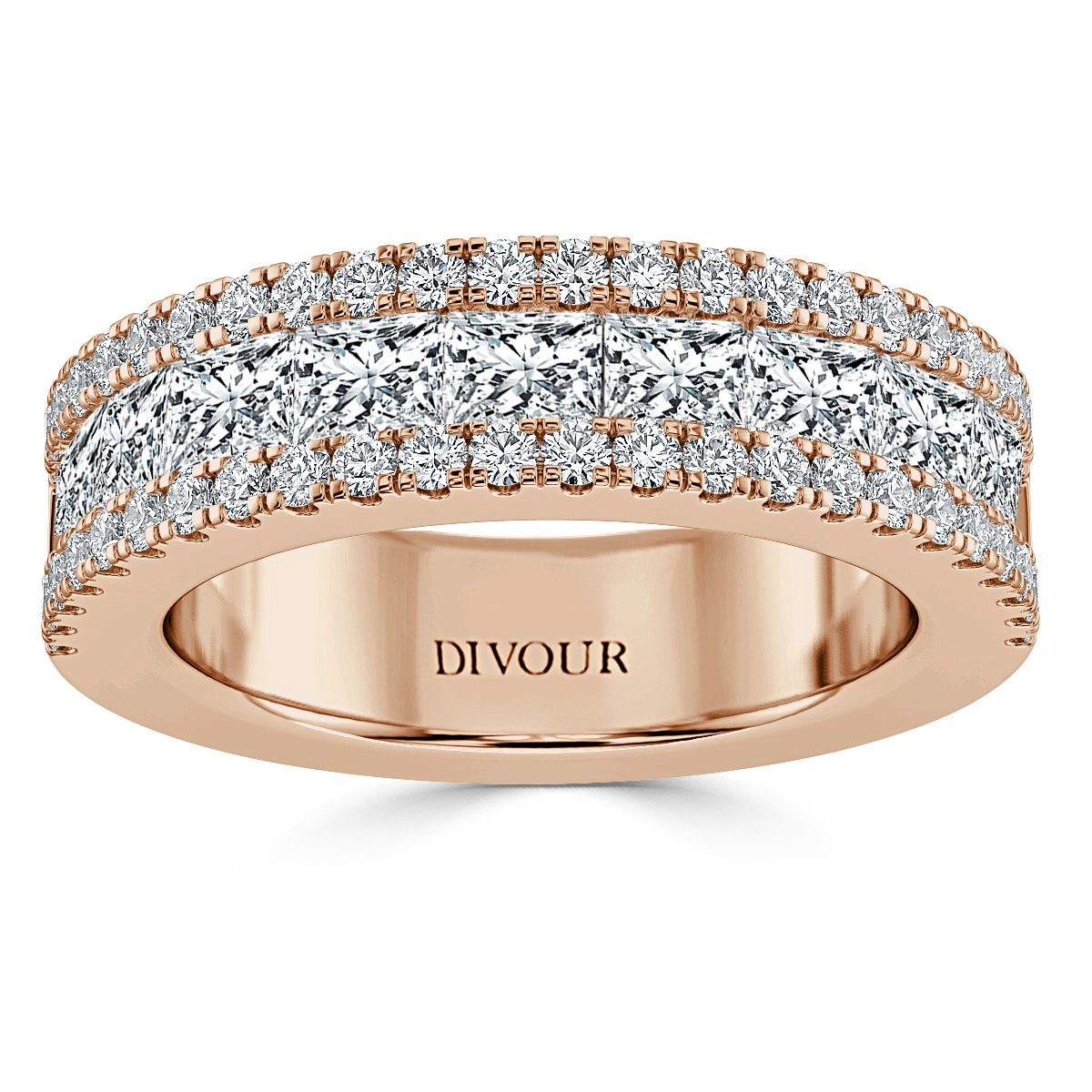 Three Row Princess and  Round Diamond Half Eternity Ring