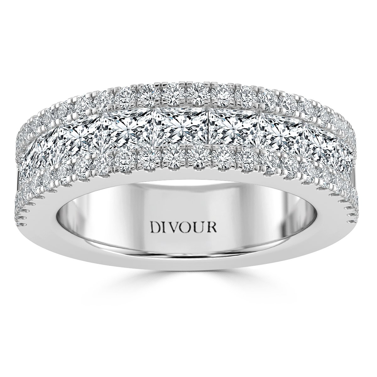 Three Row Princess and  Round Diamond Half Eternity Ring