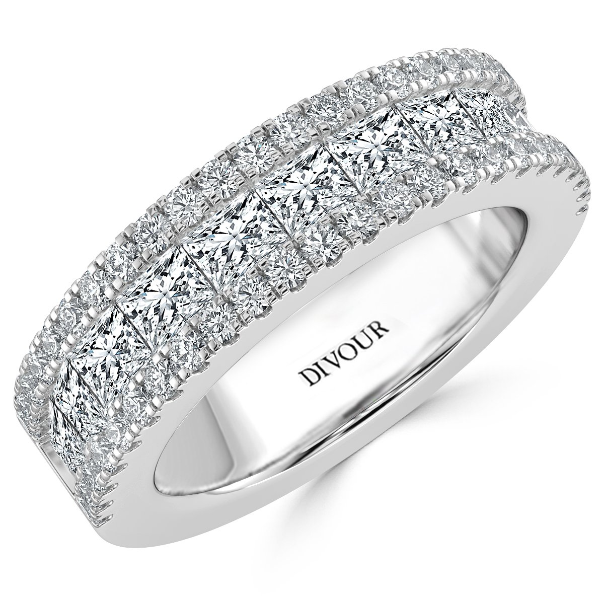 Three Row Princess and  Round Diamond Half Eternity Ring