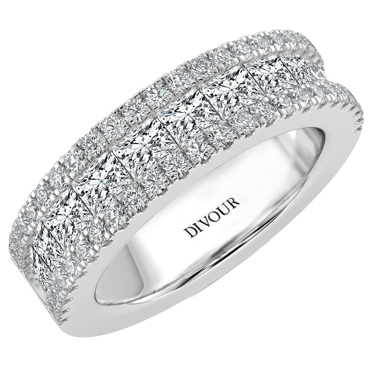 Three Row Princess and  Round Diamond Half Eternity Ring