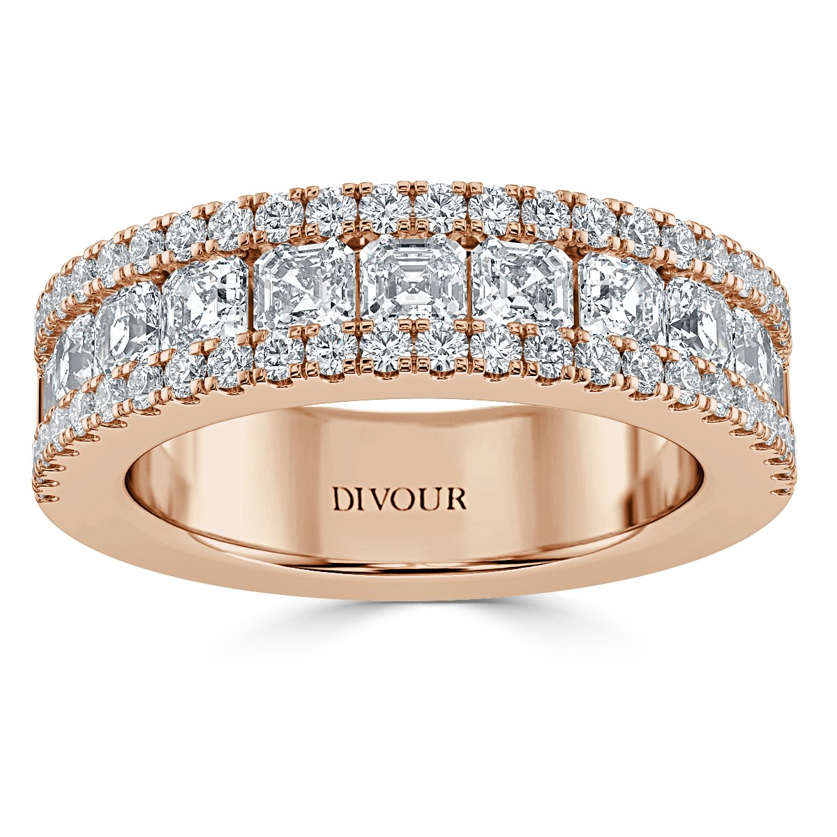 Three Row Asscher and  Round Diamond Half Eternity Ring