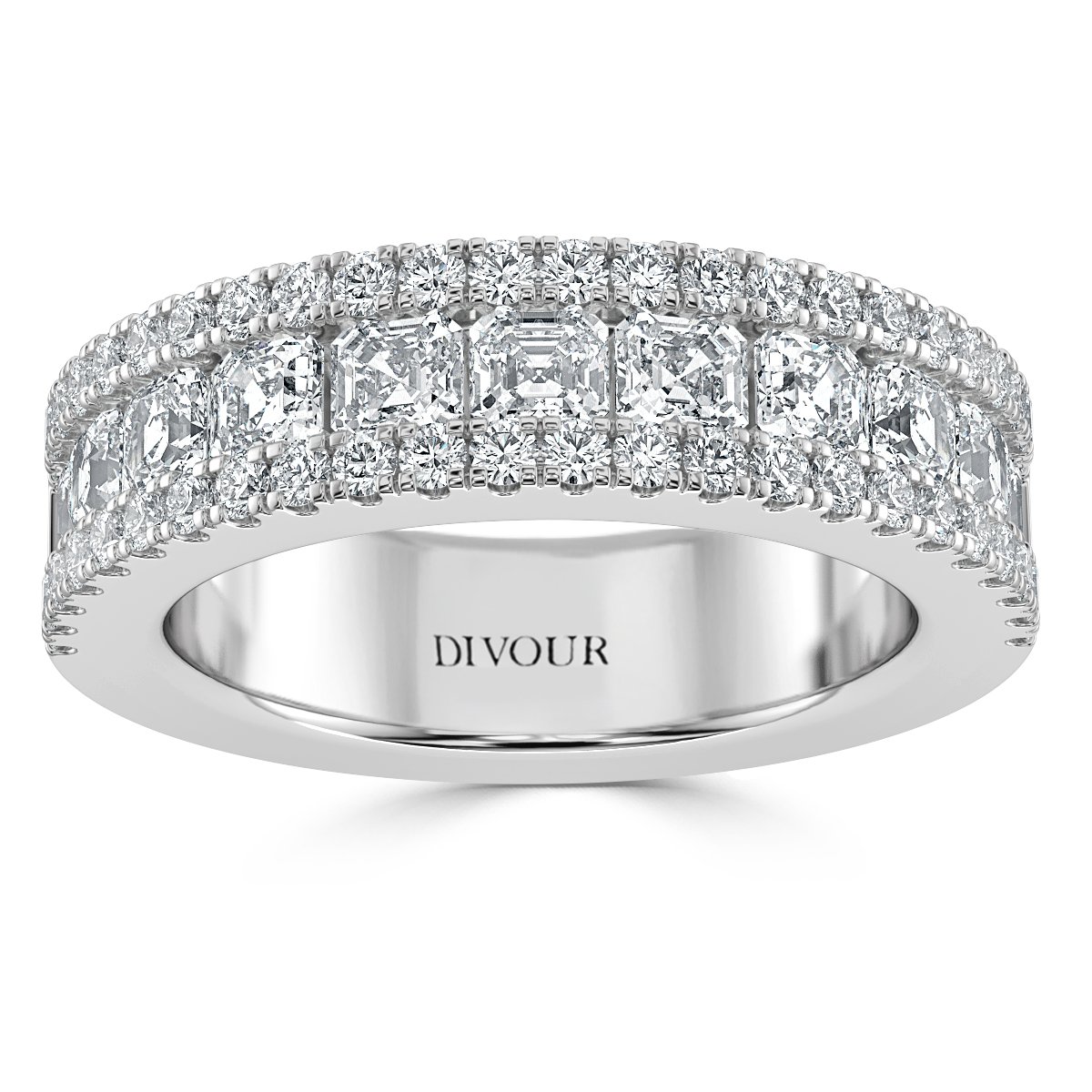 Three Row Asscher and  Round Diamond Half Eternity Ring