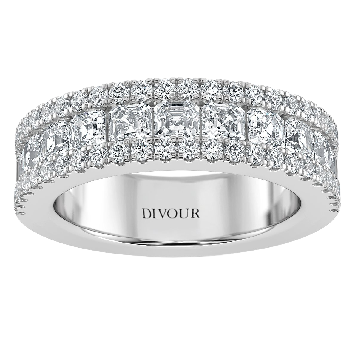 Three Row Asscher and  Round Diamond Half Eternity Ring