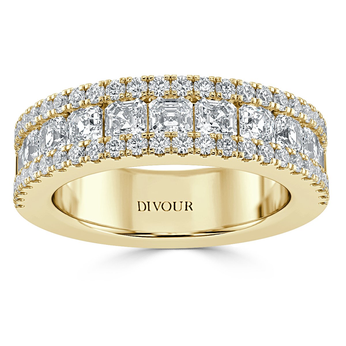 Three Row Asscher and  Round Diamond Half Eternity Ring