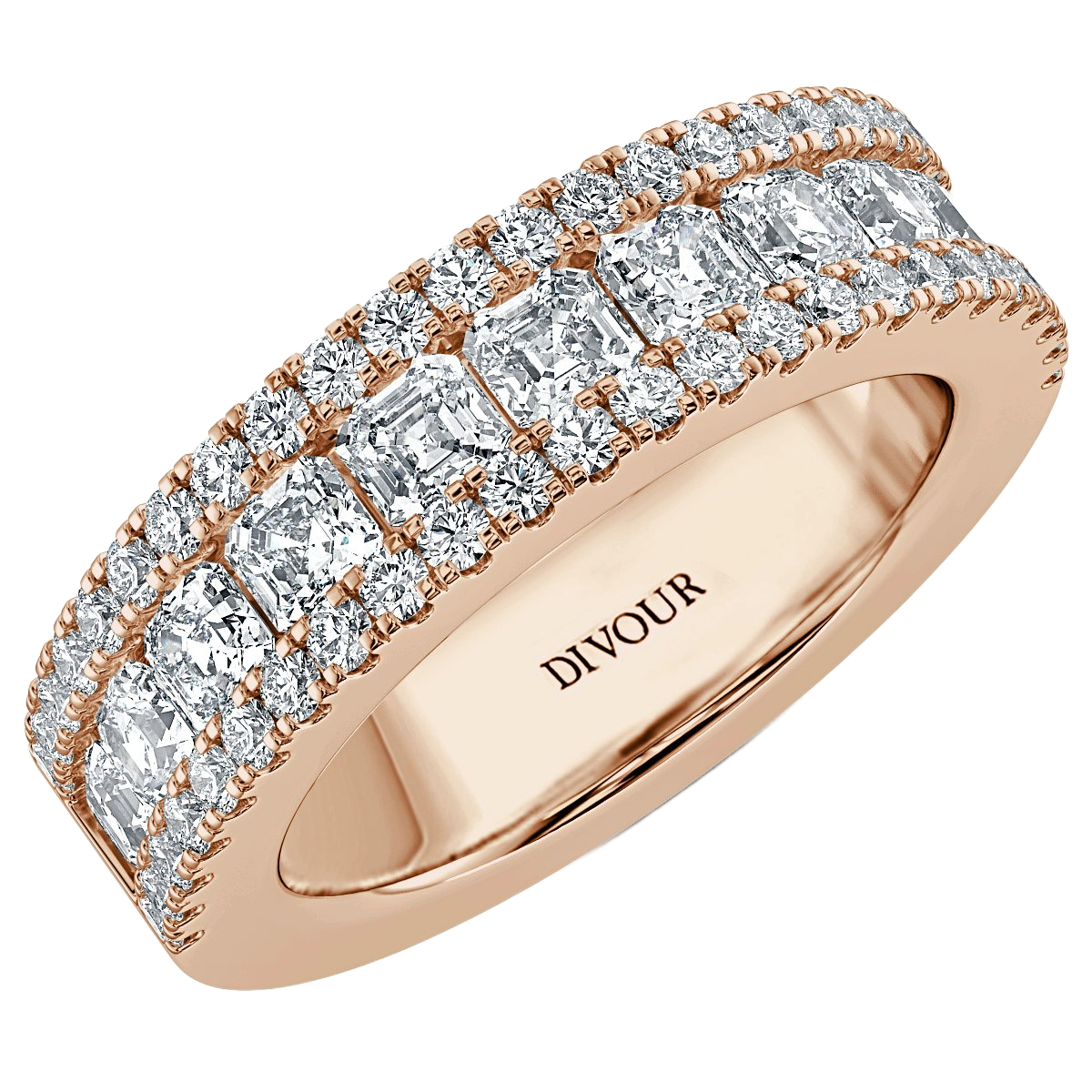 Three Row Asscher and  Round Diamond Half Eternity Ring