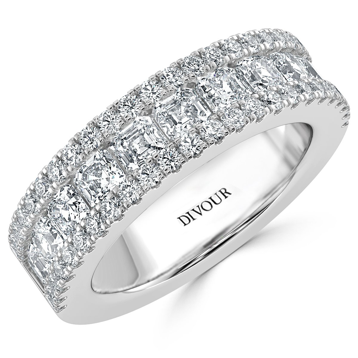 Three Row Asscher and  Round Diamond Half Eternity Ring