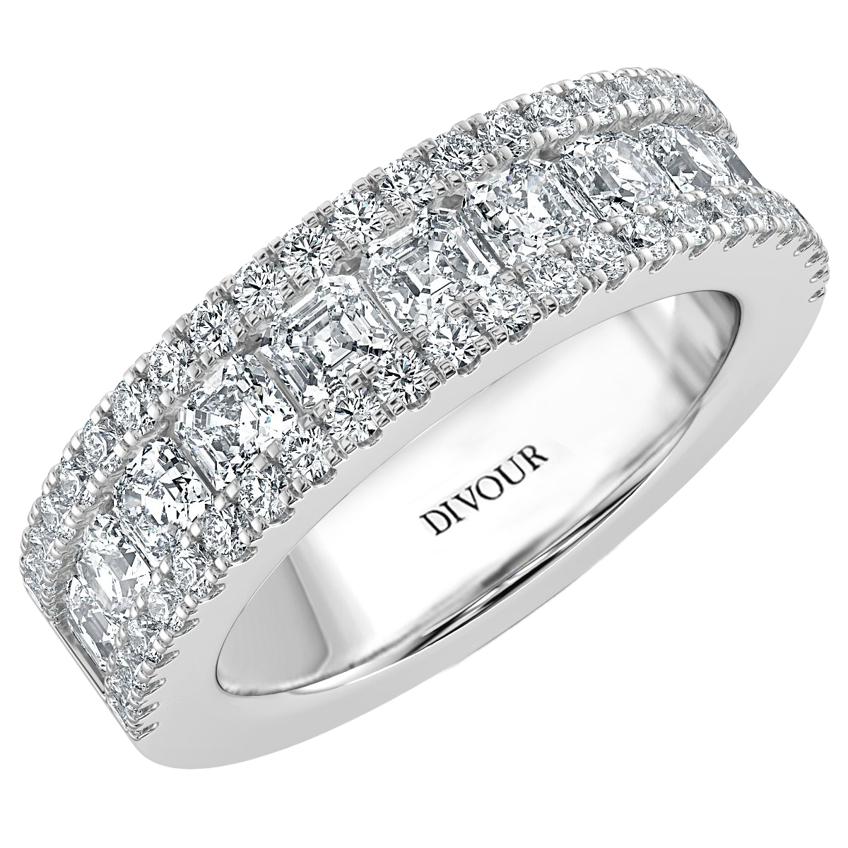 Three Row Asscher and  Round Diamond Half Eternity Ring