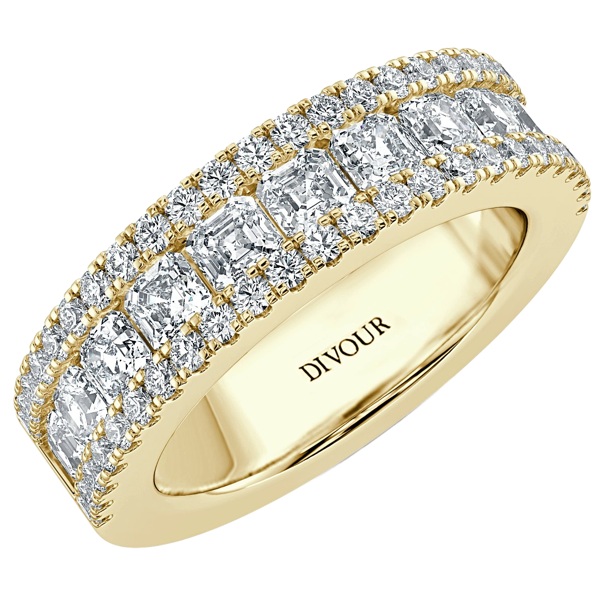 Three Row Asscher and  Round Diamond Half Eternity Ring