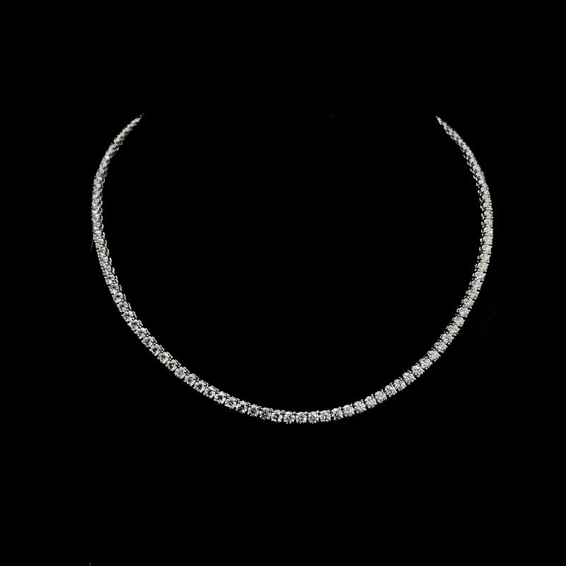 14.36 ct Natural Round Diamond Tennis Necklace, 18K White Gold