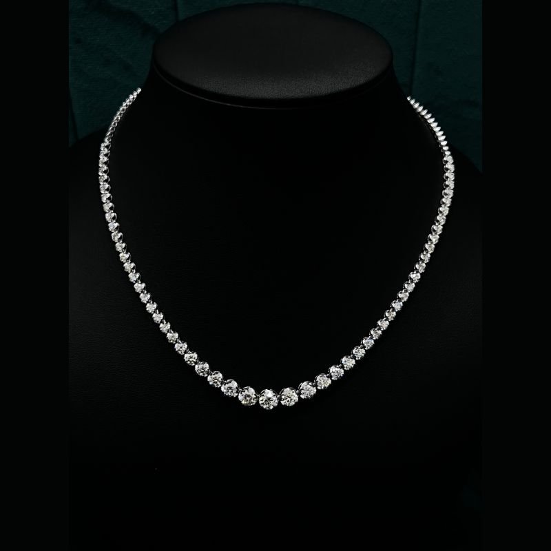 10.62 ct Natural Round Diamond Graduated Tennis Necklace, 18K White Gold