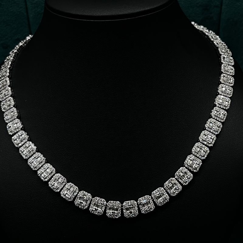 24.95 Bagutte and Round Diamond Tennis Necklace