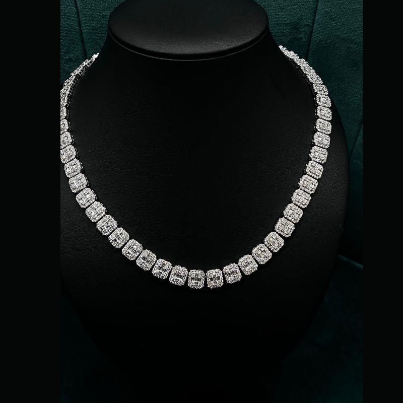 24.95 Bagutte and Round Diamond Tennis Necklace